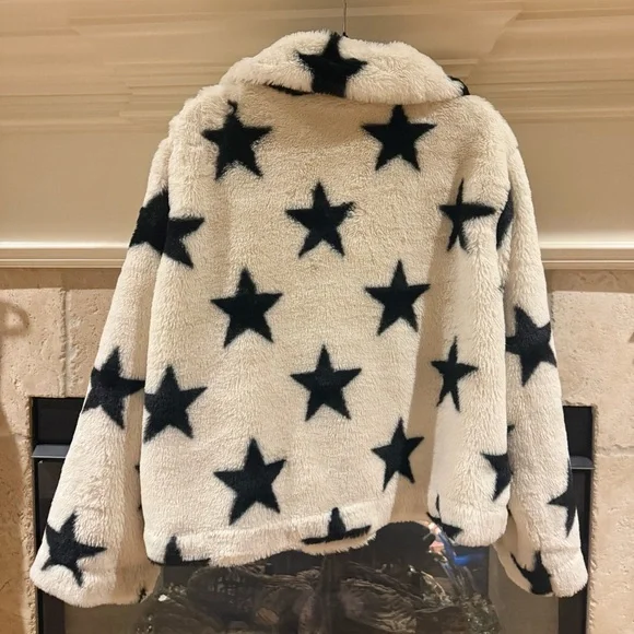 Popsugar Star Patterned Faux Fur Collared Coat XXL EUC - Picture 3 of 11